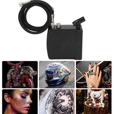 Kit de mini compresseur d'air portable HS08AC-S pour maquillage, peinture artistique, tatouage, pâtisserie, nail art, modelage à la bombe, loisirs créatifs, etc. Noir, norme européenne (1/5)