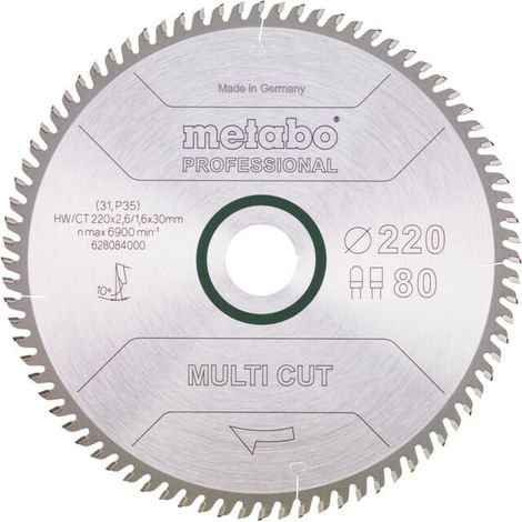 Lame de scie circulaire HW/CT 220 x 30 x 2,6/1,6, nombre de dents 80, denture plate trapézoïdale, angle d'attaque 10° metabo