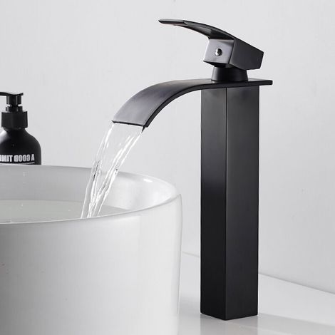 Noir Robinet Cascade avec Haut Bec Mitigeur Lavabo Haut Mono-trou Robinetterie Lave-mains avec Levier Unique en Cuivre Mélangeur l'Eau Chaude et Froide pour Salle de Bain (1/4)