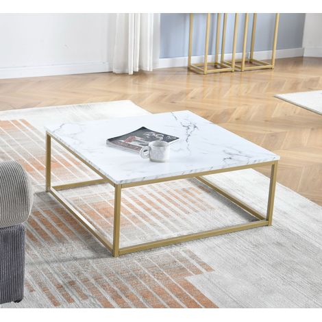 MEUBLES COSY Mesa de centro cuadrada - Estructura de metal dorado, tablero de MDF con acabado de papel de mármol, estilo industrial (1/5)