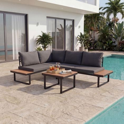 HOMAVO Gartensalon im Freien, geeignet für 3-4 Personen, bestehend aus einer L-Eckcouch und einem Couchtisch, mit hochdichten, wasserdichten und sonnenbeständigen Kissen, geeignet für den Außenbereich