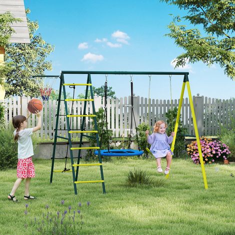 Portique pour enfants avec 2 balançoires, panier de basket, échelle d'escalade, 267 x 180 x 202 cm, jaune