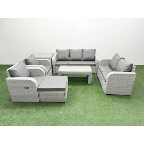 Fimous PE Rattan Garden Furniture Set Adjustable Chair Sofa Double Love Seat 2 Seater Sofa Lounge Set Rectangular Coffee Table Big Footstool Side Table Light Grey (1/4)