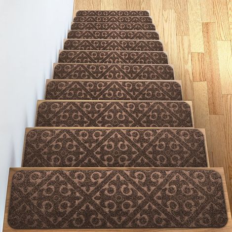 Marches d'escalier - Lot de 15 marches d'escalier antidérapantes 20 x 76 cm/Tapis de protection autocollants,Marron (1/5)