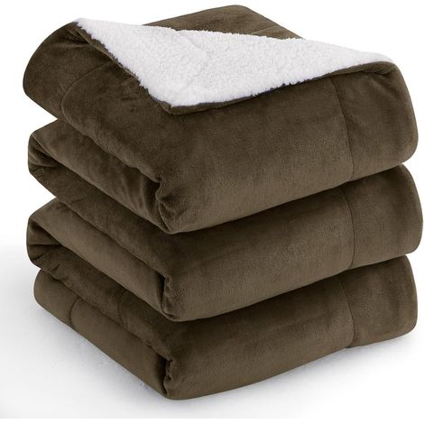 Couverture polaire Sherpa réversible 220x240 cm marron ultra douce et chaude (1/5)