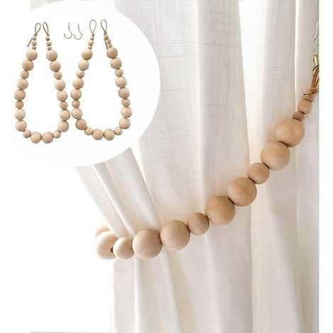 Lot de 2 embrasses de rideaux en corde style bohème avec perles en bois naturel (1/5)