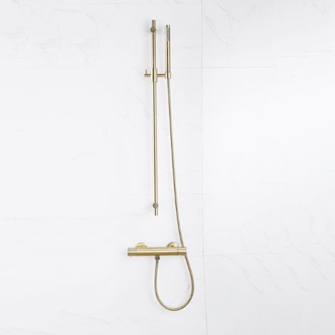 FugaFlow Eccelente Sobrado Ensemble de douche barre curseur avec douchette stick, flexible en métal et robinet de douche Laiton brossé PVD (1/4)