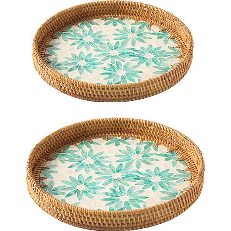 2-teiliges Obsttablett, farbenfrohes Rattantablett mit Muscheln, Snacktablett, Wohnaccessoire fürs Wohnzimmer, Aufbewahrungstablett