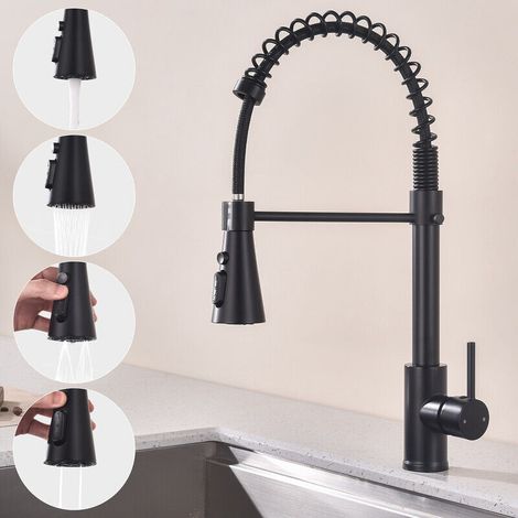 Mitigeur de Cuisine Noir à Ressort en Inox – Robinet de Cuisine d'Évier avec Douchette Extractible, 4 Jets, Pivotant à 360°, Installation Facile (1/5)