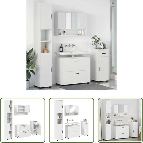 vidaXL Badezimmermöbel Set - Badezimmermöbel-Set mit Regal 4 pcs Weiß Sperrholz und Metall (1/5)