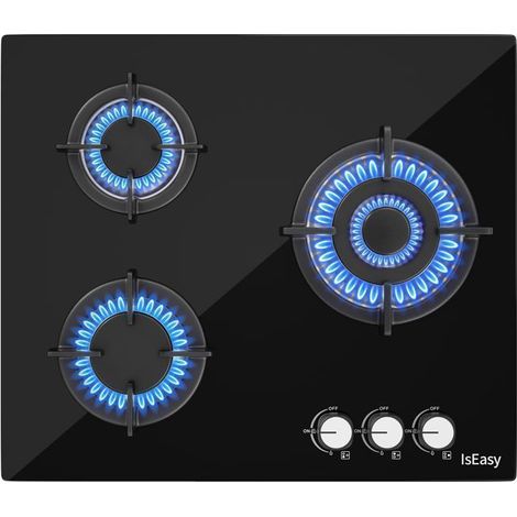 Plaque de cuisson gaz encastrable 3 feux - Verre trempé noir - 60 x 52 cm (1/5)