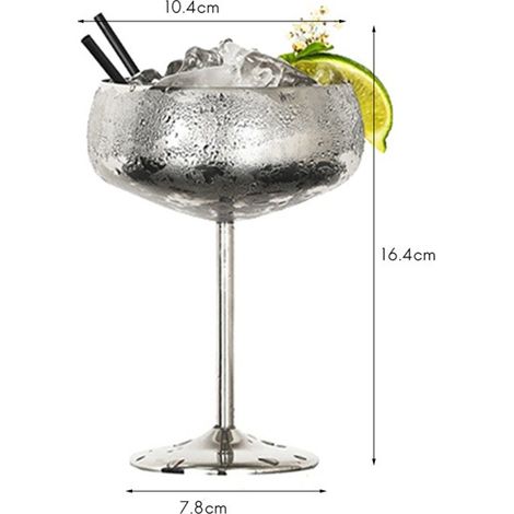 Vier 450-ml-Cocktailgläser aus roségoldenem Edelstahl, Stiel-Martinigläser und Weingläser mit breiter Öffnung.