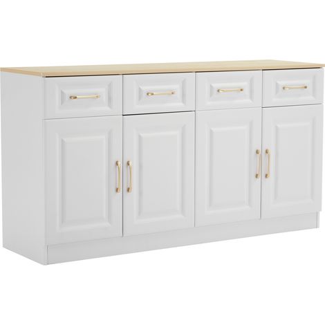 Buffet 140 cm avec 4 tiroirs et 4 portes, blanc et chêne, panneau de particules (1/5)
