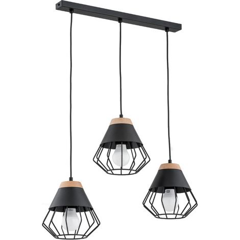 Alfa RINA Loft Industrial Pendant Light 3xE27, Black Metal Cage Shades with Wood Accents, 3-Light Hanging Ceiling Lamp 90cm for Kitchen Island Dining Living Room (1/2)