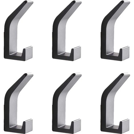 Crochet Murale - Crochet Double en Aluminium - Fixation Adhésive Sans Perçage - Charge Maximale 11,3 kg - Pour Salle de Bain Cuisine Entrée Porte - Lot de 6 (1/5)