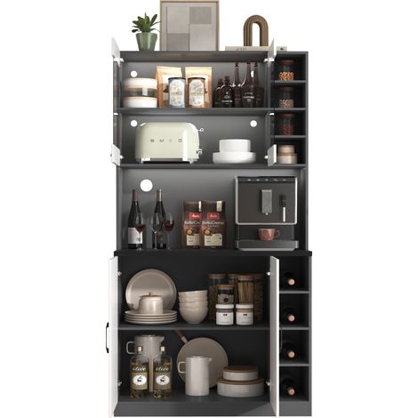 Aparador alto de cocina con 2 puertas, 5 huecos y estantes laterales ajustables con LED, en MDF, 100x47x187 cm (1/5)