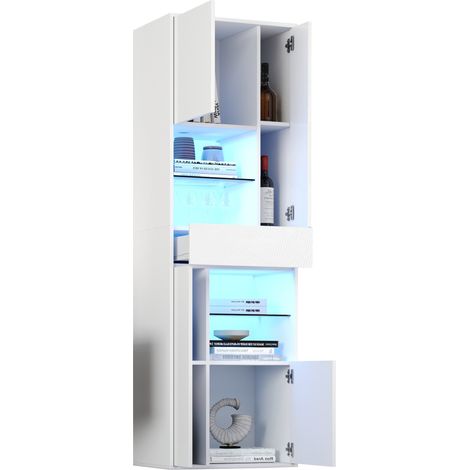 Vitrine de vente 55 × 38 × 170 cm, meuble haut avec 1 tiroir et 4 placards, vitrine en verre avec éclairage LED, design brillant, meubles de salon, vitrines, présentoir, blanc (1/5)