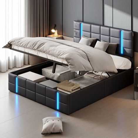Cama Doble 160x200 - Cofre Hidráulico - LED RGB - Diseño Moderno - Negro PU