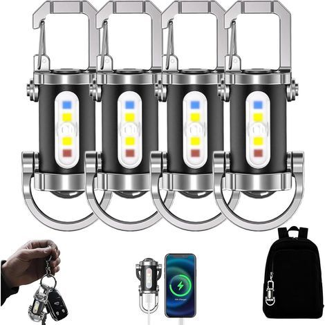 Kit comprenant 4 lampes porte-clés rechargeables et un chargeur de téléphone portable, luminosité de 1200 lumens, 7 modes d'éclairage, résistant à l'eau, idéal pour le camping. (1/5)