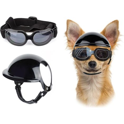 Casque et lunettes de protection UV pour petit chien, lot de 2 avec trous pour oreilles, accessoire de sécurité moto pour chien noir, taille S, visière anti-UV et coque légère (1/5)