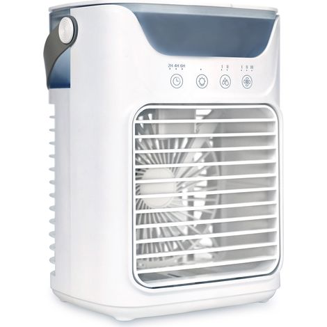 Mini-Tischventilator für Büro und Zuhause mit RGB-Beleuchtung, Touch-Taste, 3 Geschwindigkeiten, 2 Nebelstufen, Timer (2/4/6 Stunden), Griff aus PU-Leder, USB-Anschluss (Plug & Play)