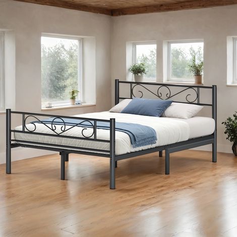 Lit Double Métallique 140 x 190 cm, Sommier inclus, Cadre Robuste, pour Chambre Ado ou Invités, Montage Facile, Noir (1/5)