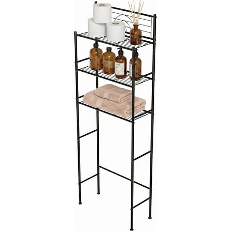 Étagère de Salle de Bain au-Dessus des Toilettes Mod. ORIA - 3 hauteurs - Fabriquée en Acier - Couleur Noir Mat - avec Pieds Ajustables - 60,7 x 28 x 172 cm (1/5)