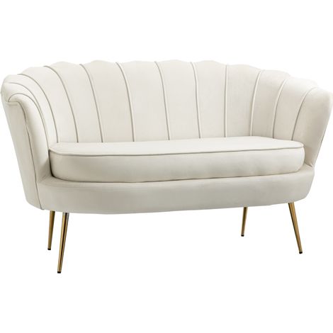 Canapé 2 places en tissu velours, petit canapé, en forme de coquillage, avec coussin épais de 10 cm, canapé, structure en métal, pieds dorés effilés, facile à assembler, crème