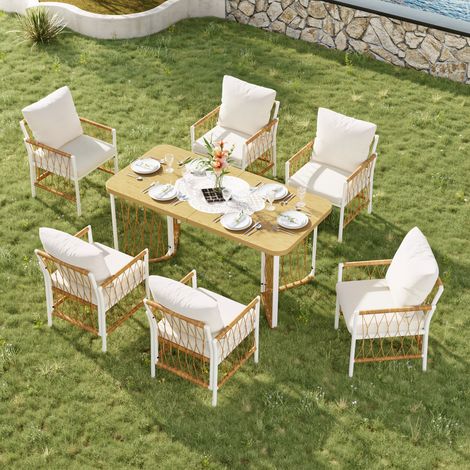 Gartenmöbel Set 7-tlg mit Tisch 159,5x77,5x75 cm und 6 Stühlen, Outdoor Sitzgruppe aus Eisen, PE-Rattan und Kissen, beige braun natur