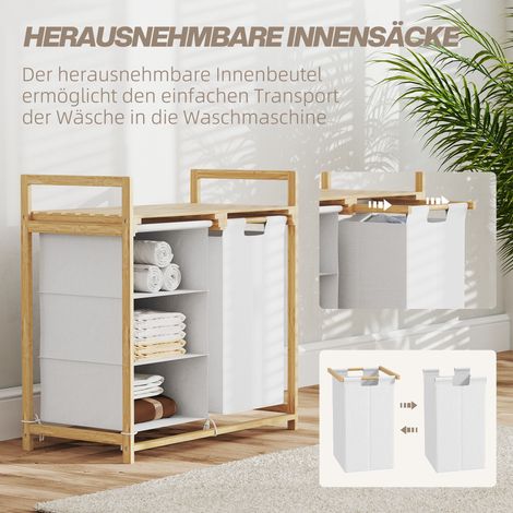 Panier à linge avec sac à linge, tiroir en tissu, bambou, 70x36x70 cm, blanc/bois (1/5)