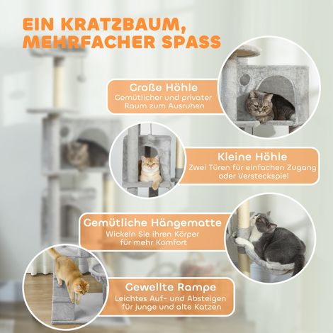 Arbre à chat 160 cm multi-niveaux avec griffoirs sisal, cachettes, plateformes rembourrées, hamac, échelle et balles de jeu (1/4)