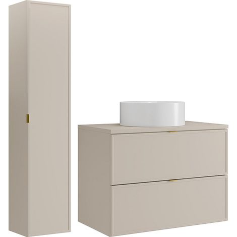 Mobile bagno sospeso con lavabo da appoggio rotondo e colonna Beige 80 cm - ONDIL (1/4)