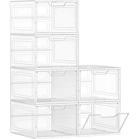 Boîtes à Chaussures, Lot de 6, avec Porte, Rangement de Chaussure en Plastique, Empilable, Montage Facile, 34 x 25 x 18,4 cm, Jusqu’à la Pointure 44, Blanc Transparent (1/5)