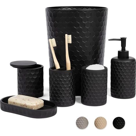Set da bagno da 6 pezzi, in metallo nero, con dispenser di sapone e cestino portaoggetti. (1/2)