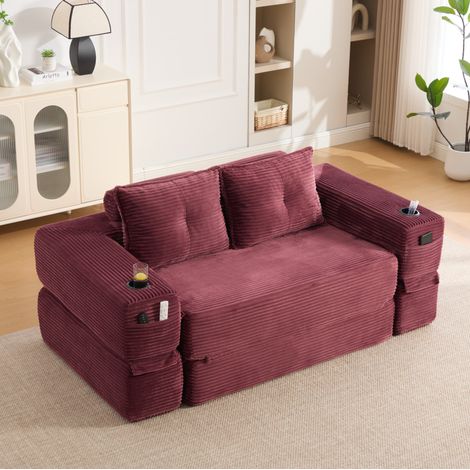Canapé-lit pliable 180x98x80 cm en velours côtelé rouge vin, avec porte-gobelet et poches latérales (1/5)