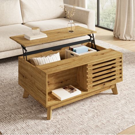 Tavolino da caffè multifunzione effetto legno in MDF con piano sollevabile 90 x 55 cm (1/5)
