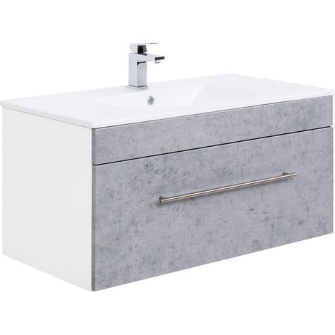 Badezimmer Mineralguss Waschtisch mit Unterschrank LAGOS-02 100cm Beton Nb., B x H x T ca. 100 x 49,7 x 47,5cm (1/5)