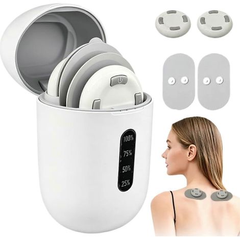 Stimulateur musculaire EMS sans fil avec étui de recharge, appareil de massage portable pour soulager la douleur, système de correction adaptatif pour le bureau, la salle de sport et les voyages.