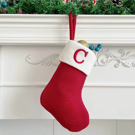 Chaussette De Noël - Tricotée En Laine - Brodée Lettre C - Pour Décoration De Cheminée Ou Arbre De Noël - 1 Pièce (1/5)