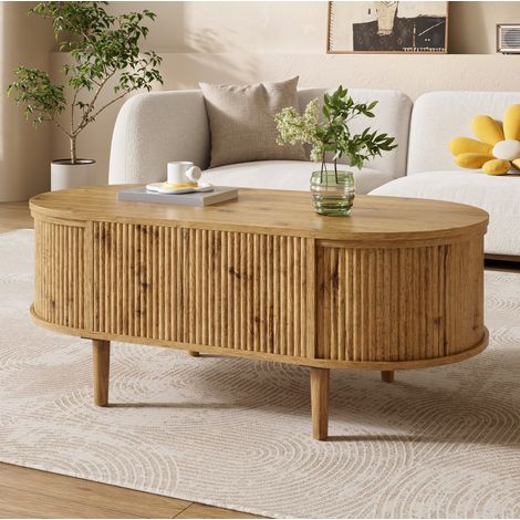 Tavolino ovale 100x48x54,5 cm ad altezza regolabile con vano contenitore, struttura in MDF colore rovere, per salone (1/5)