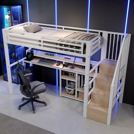 Letto soppalco 90x200 cm con scala-armadio, mensola, LED, USB e Type-C, struttura metallo e MDF - bianco (1/5)