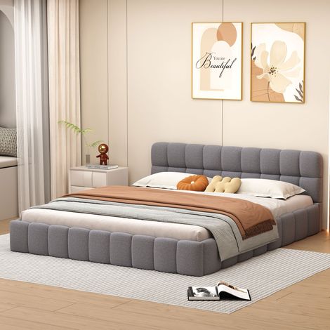 Bubble Bett Polsterbett 140x190 cm,Doppelbett mit Lattenrost, Jugendbett mit Gepolstertes Kopfteil, Gepolstertes Bett für Schlafzimmer und Gästezimmer,ohne Matratze, Leinenstoff,Grau