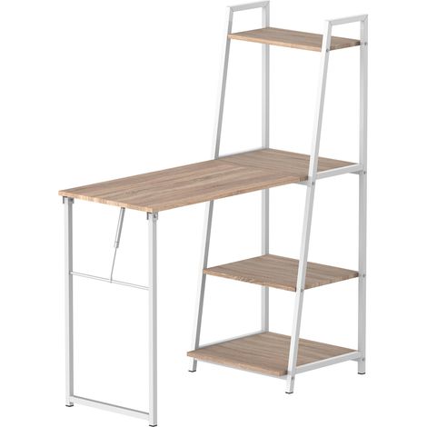 Bureau HOMCOM pliable rabattable bibliothèque 2 en 1 4 étagères chêne clair métal blanc (1/5)