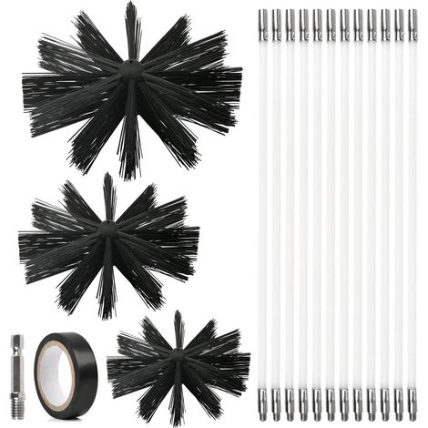 Lot de 17 brosses de cheminée, 3 brosses en nylon (100 mm/150 mm/200 mm) avec 12 tiges flexibles de 410 mm, balayette de cheminée, kit de balai de cheminée pour cheminée, tuyaux, sèche-linge (1/5)