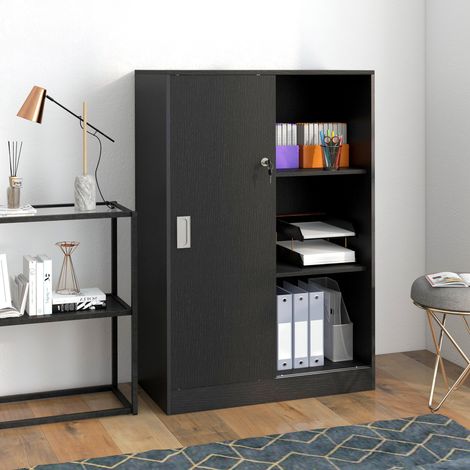 Armario de oficina de doble puerta con cerradura y 2 llaves de seguridad, armario de almacenamiento de oficina de 3 estantes, armario de madera multiusos para estudio, sala de estar y garaje, negro.