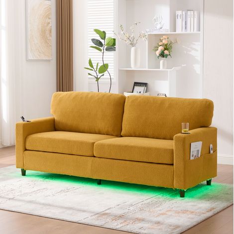 Canapé droit 2 places en chenille jaune– Canapé avec LED,porte-gobelet et poches latérales – Dimensions 203 x 77,5 x 86 cm (1/5)