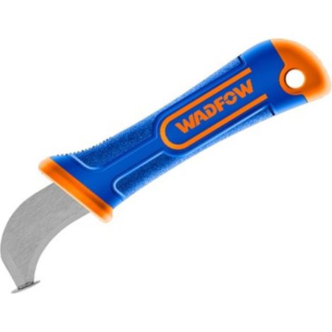 Navaja pelacables hoja curva WADFOW 180 mm, acero inoxidable, mango ergonómico, funda incluida.