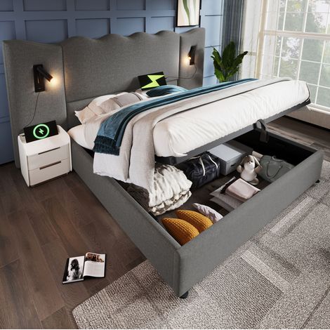 Cama doble con almacenamiento (252x215x111 cm), cabecero ondulado, lámpara de lectura, carga USB y Type C, lino gris (1/5)