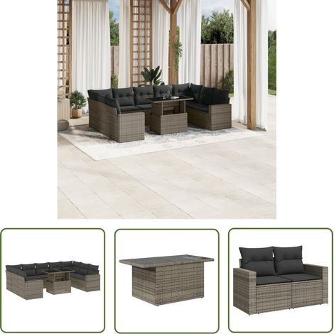 The Living Store 10-tlg. Garten-Sofagarnitur mit Kissen Grau Poly Rattan - Gartenmöbel Set - PE-Rattan Möbel - Outdoor Lounge - Gartenecke - Terrassenset (1/5)