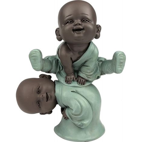 Statuette 2 bonzes "jump" en résine - Marron et Vert - H 12 cm - Livraison gratuite (1/4)